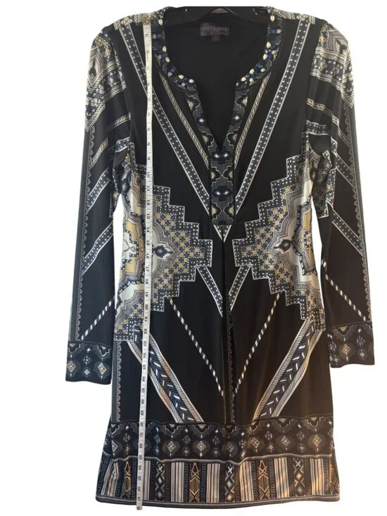 Hale Bob S Beaded Geometric Print Long Sleeve V-Neck Black Tunic Dress - Picture 4 of 6